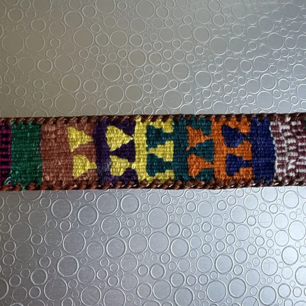 Vintage Handmade Guatemala Woven Belt 32 Cotton Leather Aztec Folk Art Southwest